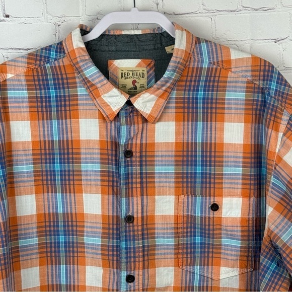 Red Head Shirt Short Sleeve Men's 3XL Orange Blue Madras Plaid Button Up - Picture 2 of 8